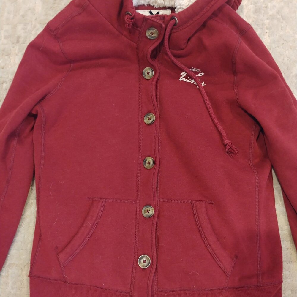 Women's Red Hooded Button-Front Sweatshirt